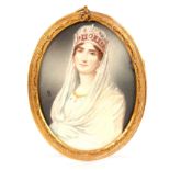 A LATE 19TH CENTURY OVAL BUST PORTRAIT ON IVORY of a young lady wearing jewelled headdress signed