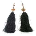 TWO CHINESE JADE AND SILVER HANGING TASSELS with two carved medallions 45cm overall