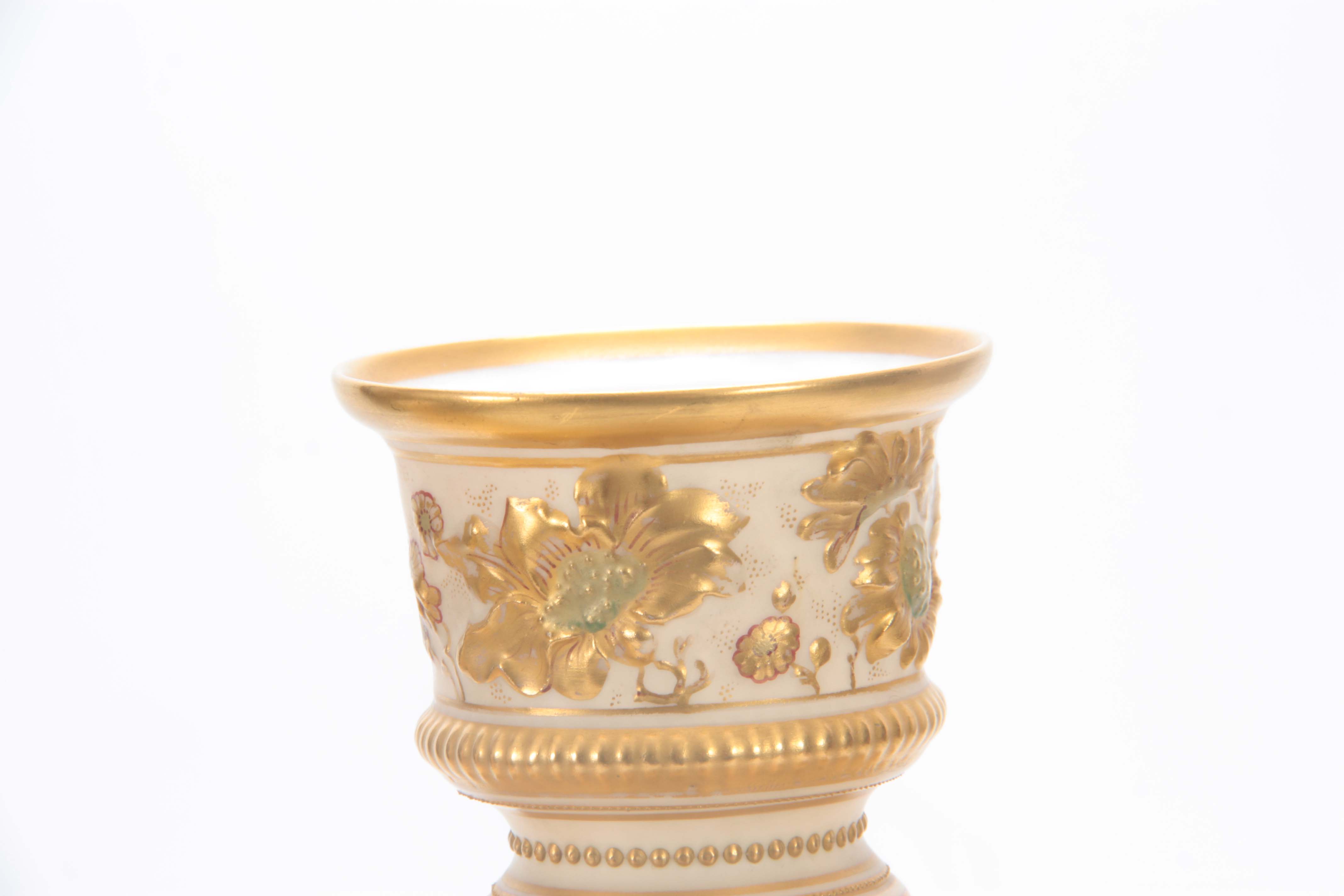 A PAIR OF ROYAL CROWN DERBY LARGE BLUSHED IVORY CABINET VASES with gilt edged flower head moulded - Image 5 of 10