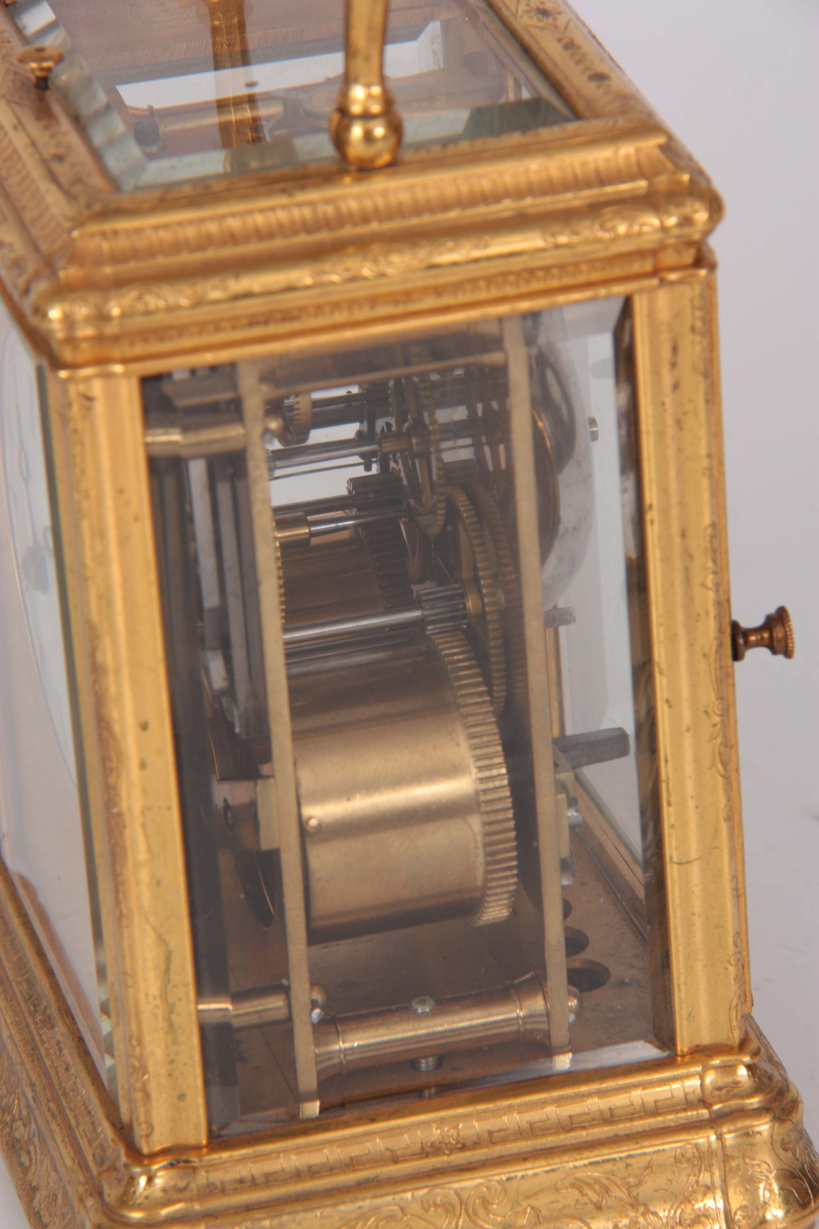 A 19TH CENTURY FRENCH GILT BRASS ENGRAVED GORGE CASE CARRIAGE CLOCK REPEATER with folding handle and - Image 4 of 7