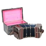 AN INTERESTING BANDONEON with pierced rosewood ends, black leather fivefold tri section bellows