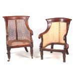 A GOOD PAIR OF REGENCY MAHOGANY BERGERE LIBRARY CHAIRS with barrel backs and shaped top rails