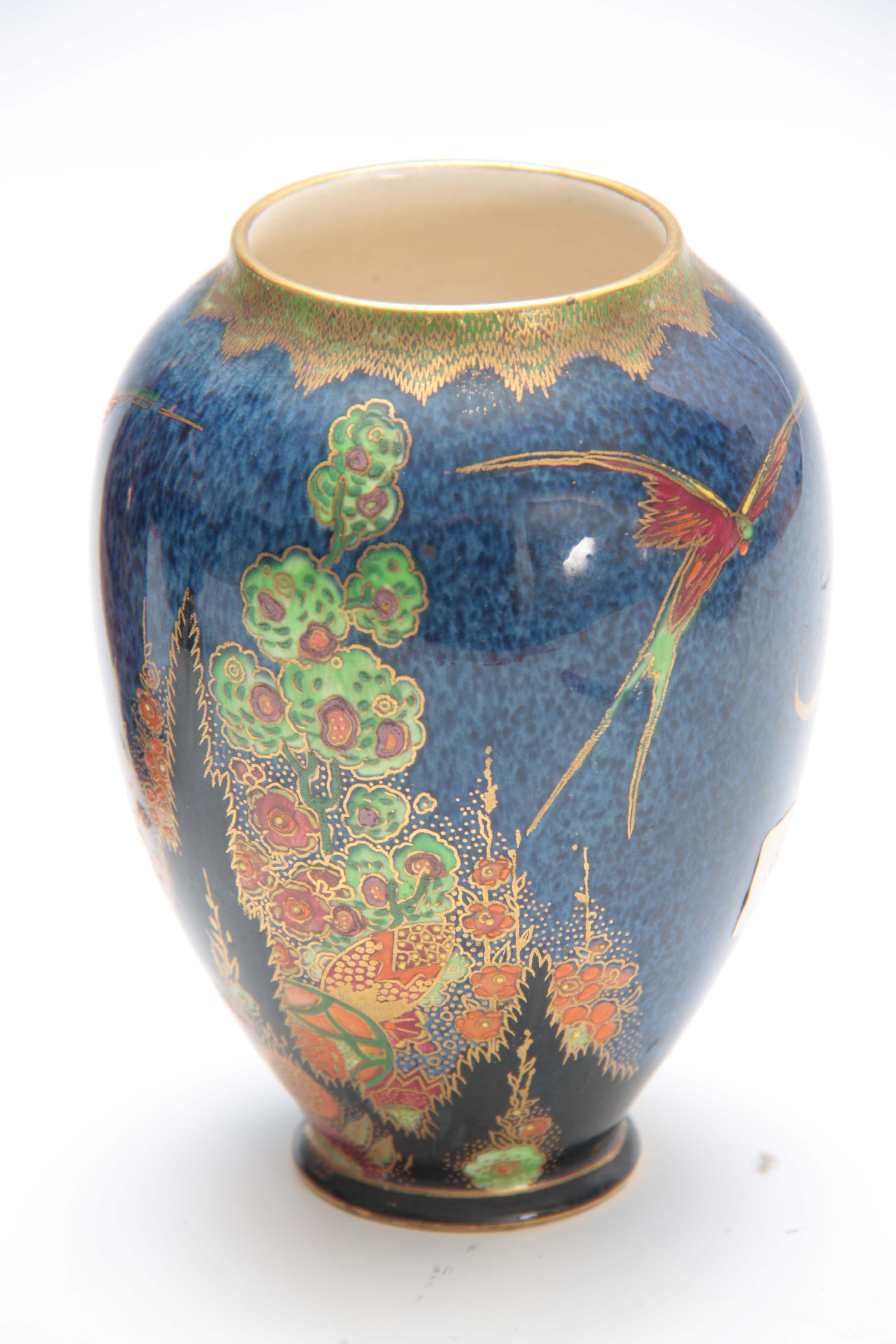 A PAIR OF CROWN DEVON FANTAZIA OVOID VASES decorated in vibrant leafing flower sprays and birds on a - Image 5 of 7