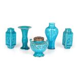 FIVE PIECES OF EARLY 20TH CENTURY TURQUOISE EARTHENWARE POTTERY - POSSIBLY ORIENTAL comprising of