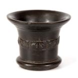 AN EARLY CAST BRONZE MORTAR with applied decoration 14cm high 18cm diameter