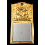 AN ARTS AND CRAFTS BRASS HANGING MIRROR the upper half with embossed sailing ship panel beneath an