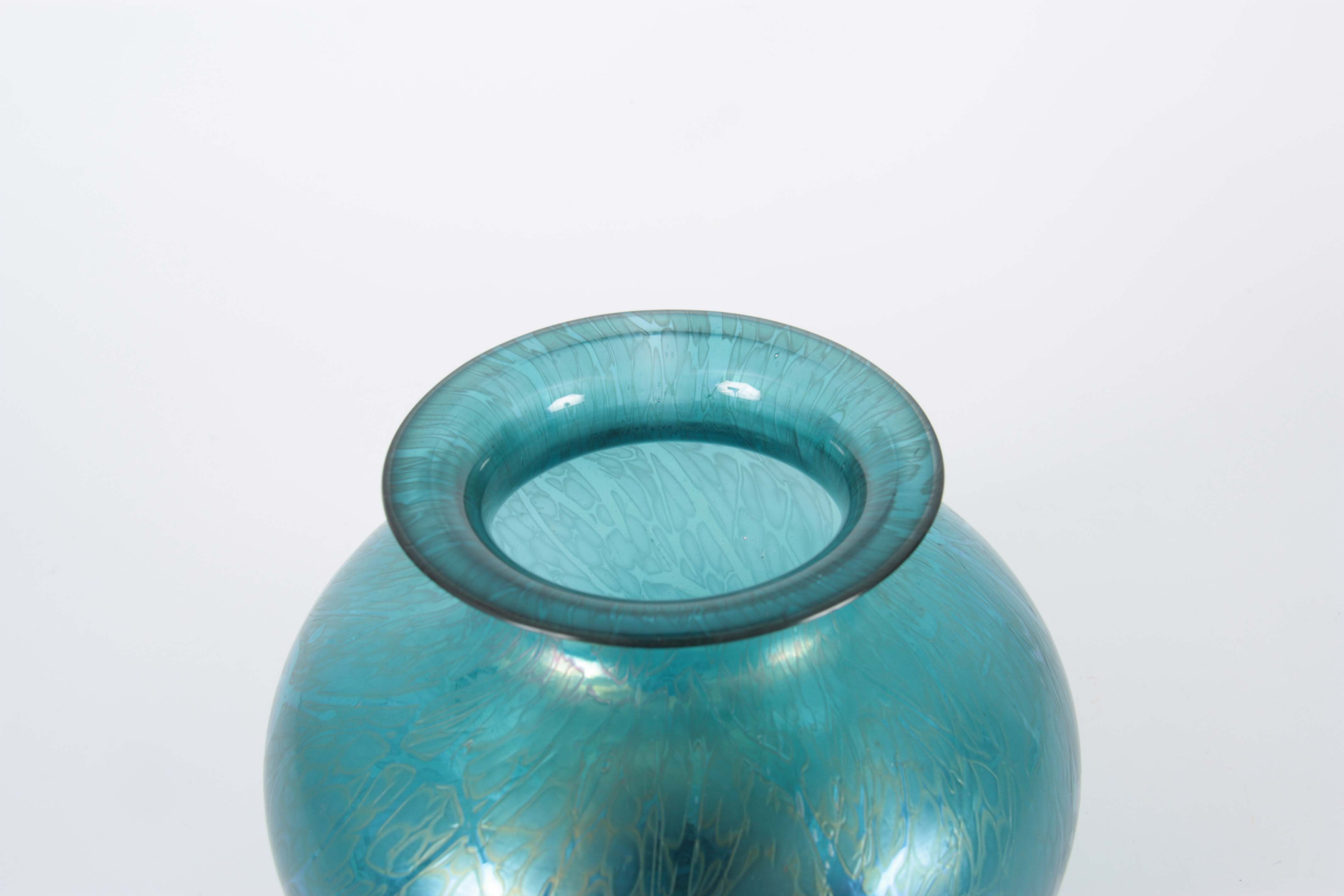 A ROYAL BRIERLEY IRIDESCENT GLASS VASE etched signature to the underside 15cm high 17cm diameter. - Image 5 of 6