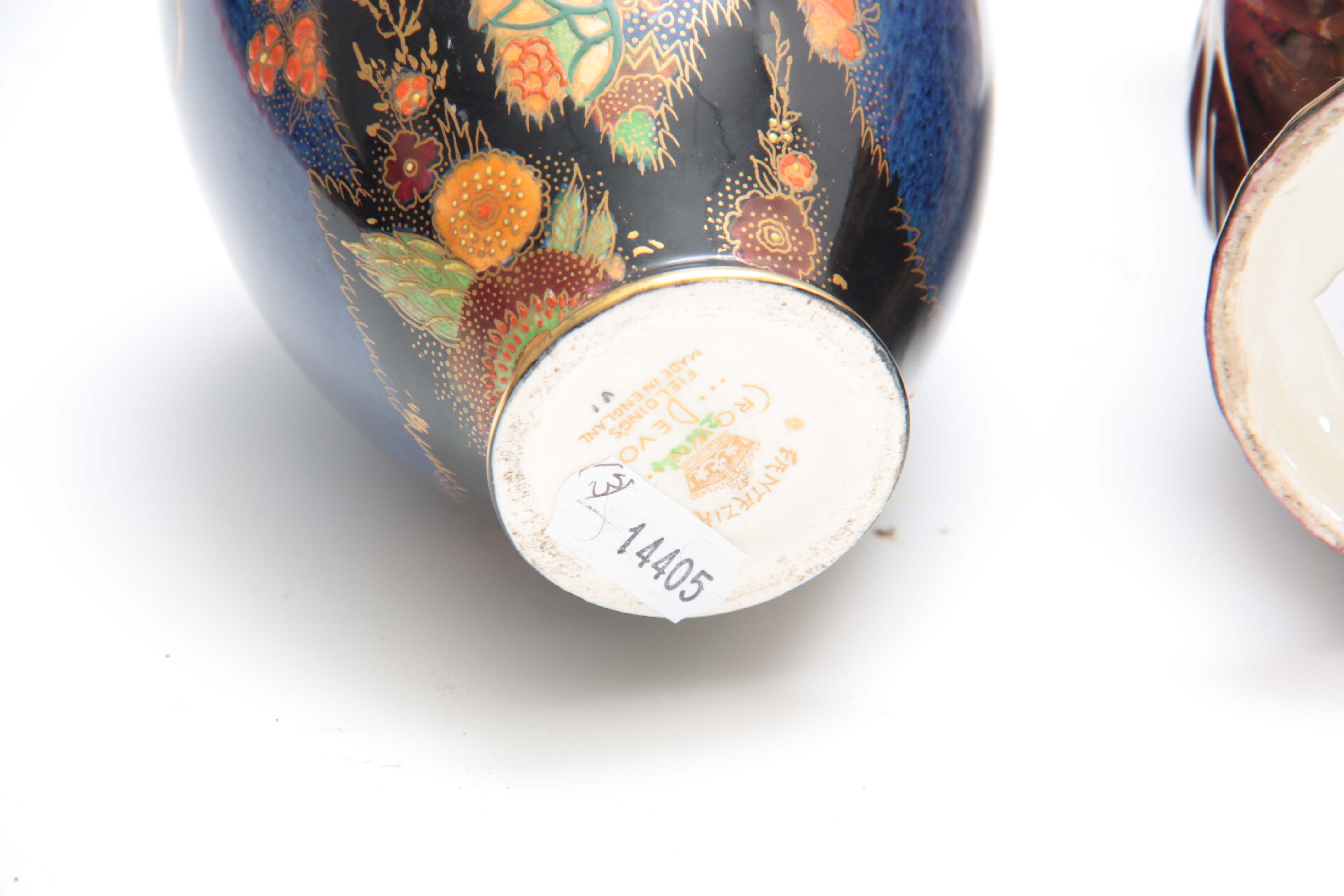 A PAIR OF CROWN DEVON FANTAZIA OVOID VASES decorated in vibrant leafing flower sprays and birds on a - Image 7 of 7