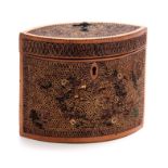 A FINE GEORGE III SCROLLED PAPERWORK OVAl TEA CADDY with strung edges and axehead handle, the hinged