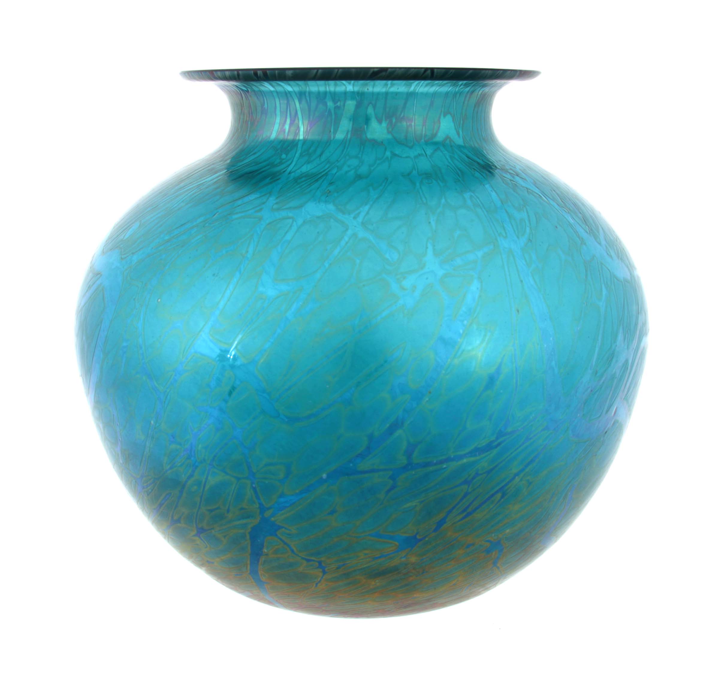 A ROYAL BRIERLEY IRIDESCENT GLASS VASE etched signature to the underside 15cm high 17cm diameter.