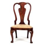A GEORGE I MAHOGANY SINGLE CHAIR with balloon-shaped back and scrolled back splat, drop in