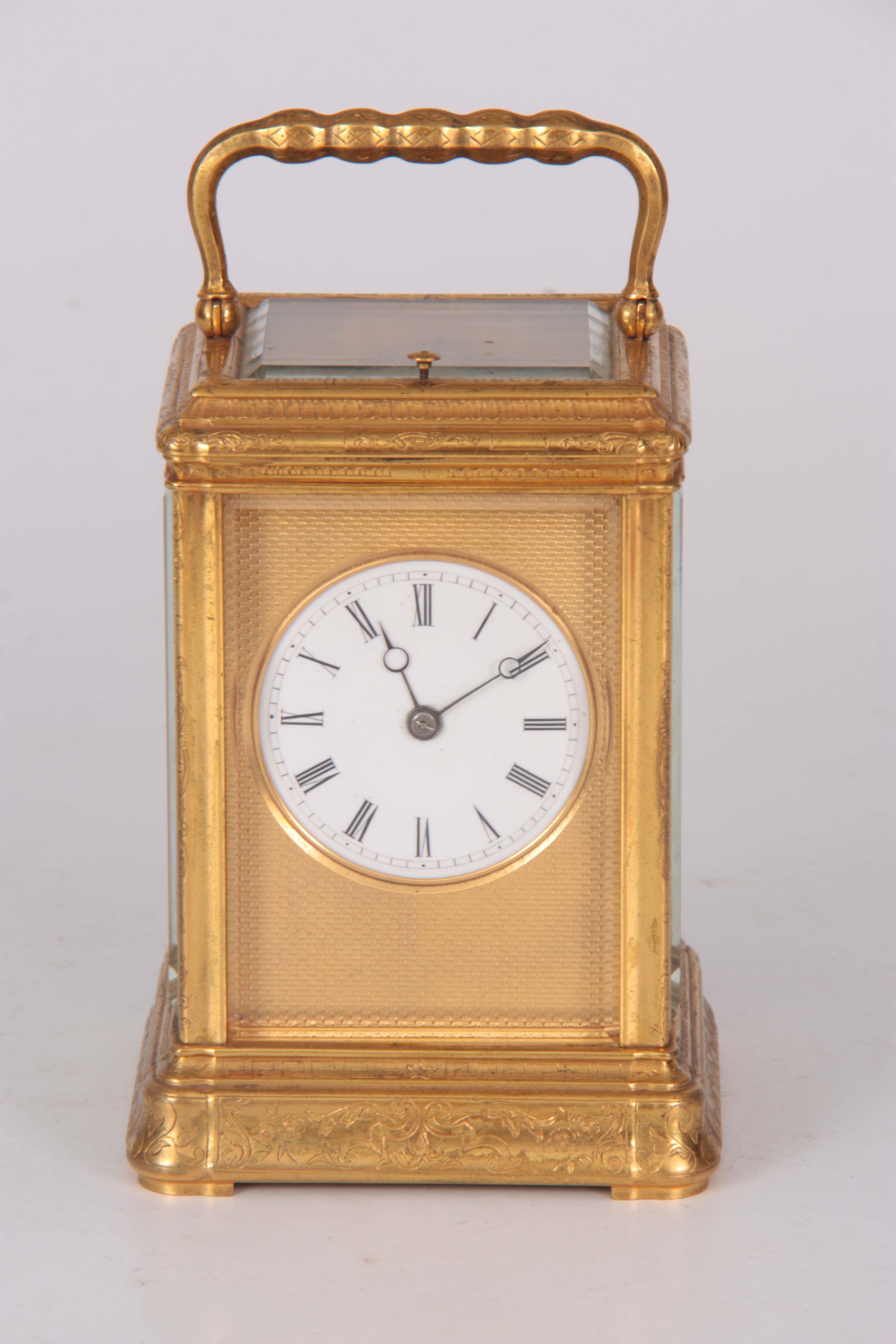 A 19TH CENTURY FRENCH GILT BRASS ENGRAVED GORGE CASE CARRIAGE CLOCK REPEATER with folding handle and - Image 2 of 7