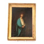 AN EARLY 19TH CENTURY OIL ON CANVAS. Saint in blue robes 31cm high, 20.5cm wide - in a gilt
