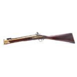 A LATE 18TH CENTURY ENGLISH BRASS BARRELLED FLINTLOCK BLUNDERBUSS with rare spring-loaded folding