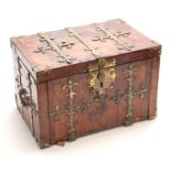 A LATE 17TH CENTURY BRASS BOUND WALNUT COFFRE FORTE / STRONG BOX with hinged top and fall down front
