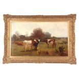 CHARLES COLLINS (1851-1921)  OIL ON CANVAS Cottage landscape with cattle in the foreground 55cm high