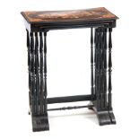A SET OF FOUR 19TH CENTURY GRADUATED EBONISED AND MARQUETRY INLAID OCCASIONAL TABLES with moulded