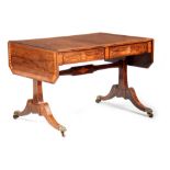 A FINE SATINWOOD AND FIGURED ROSEWOOD REGENCY SOFA TABLE having a cross-banded top with hinged