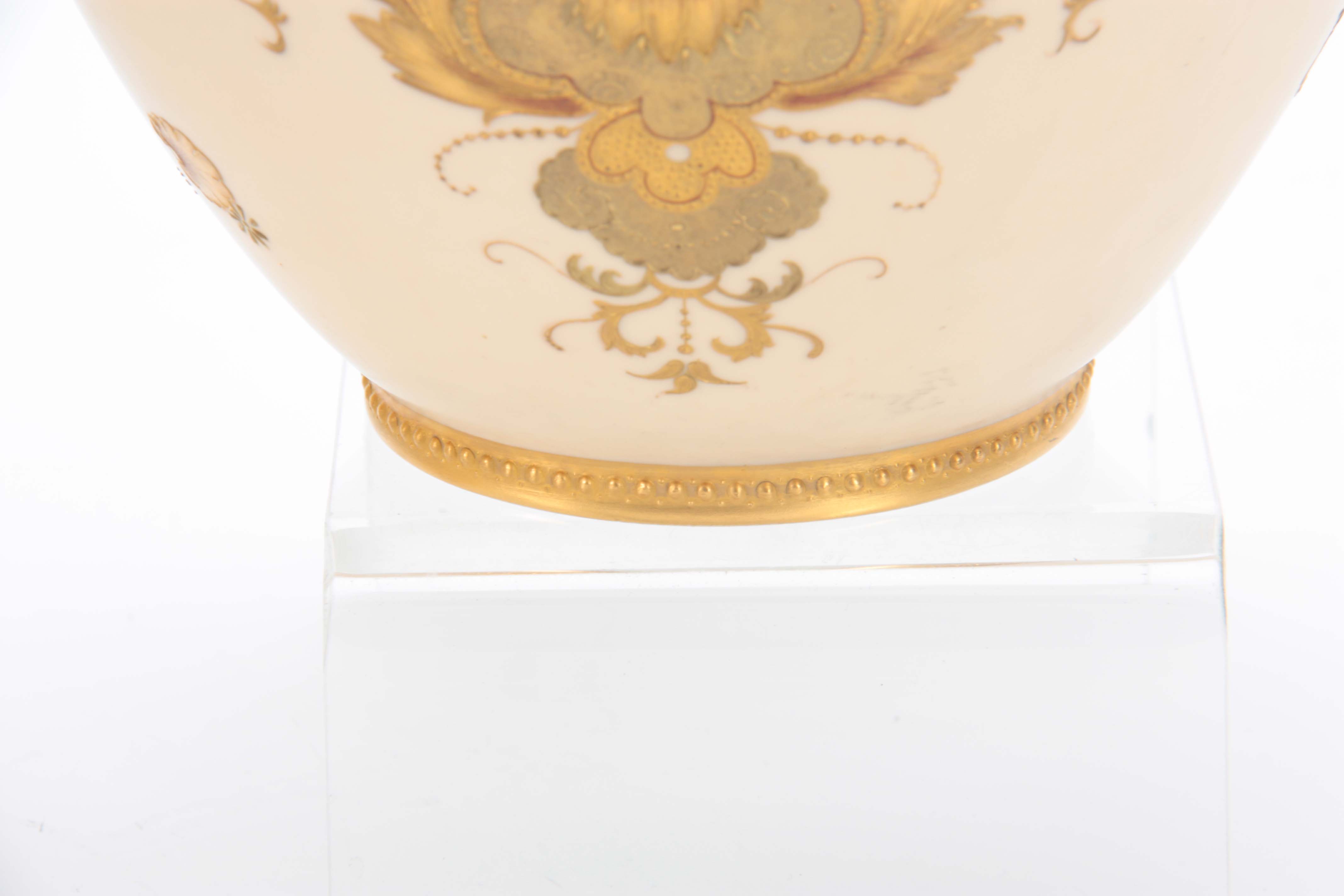 A PAIR OF ROYAL CROWN DERBY LARGE BLUSHED IVORY CABINET VASES with gilt edged flower head moulded - Image 6 of 10