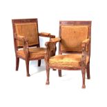 A PAIR OF REGENCY RUSSIAN STYLE PAINTED AND GILT GESSO LIBRARY ARMCHAIRS with square backs and