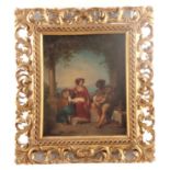 AN EARLY 19TH CENTURY OIL ON CANVAS depicting a Mediterranean view with classical figures in the