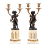 A LARGE PAIR OF LATE 19TH CENTURY FRENCH PATINATED BRONZE, ORMOLU AND WHITE MARBLE CANDELABRA
