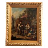ALEX RITCHIE 19TH CENTURY OIL ON BOARD. Villiage scene with a family and animals 44.5cm high, 34.5cm