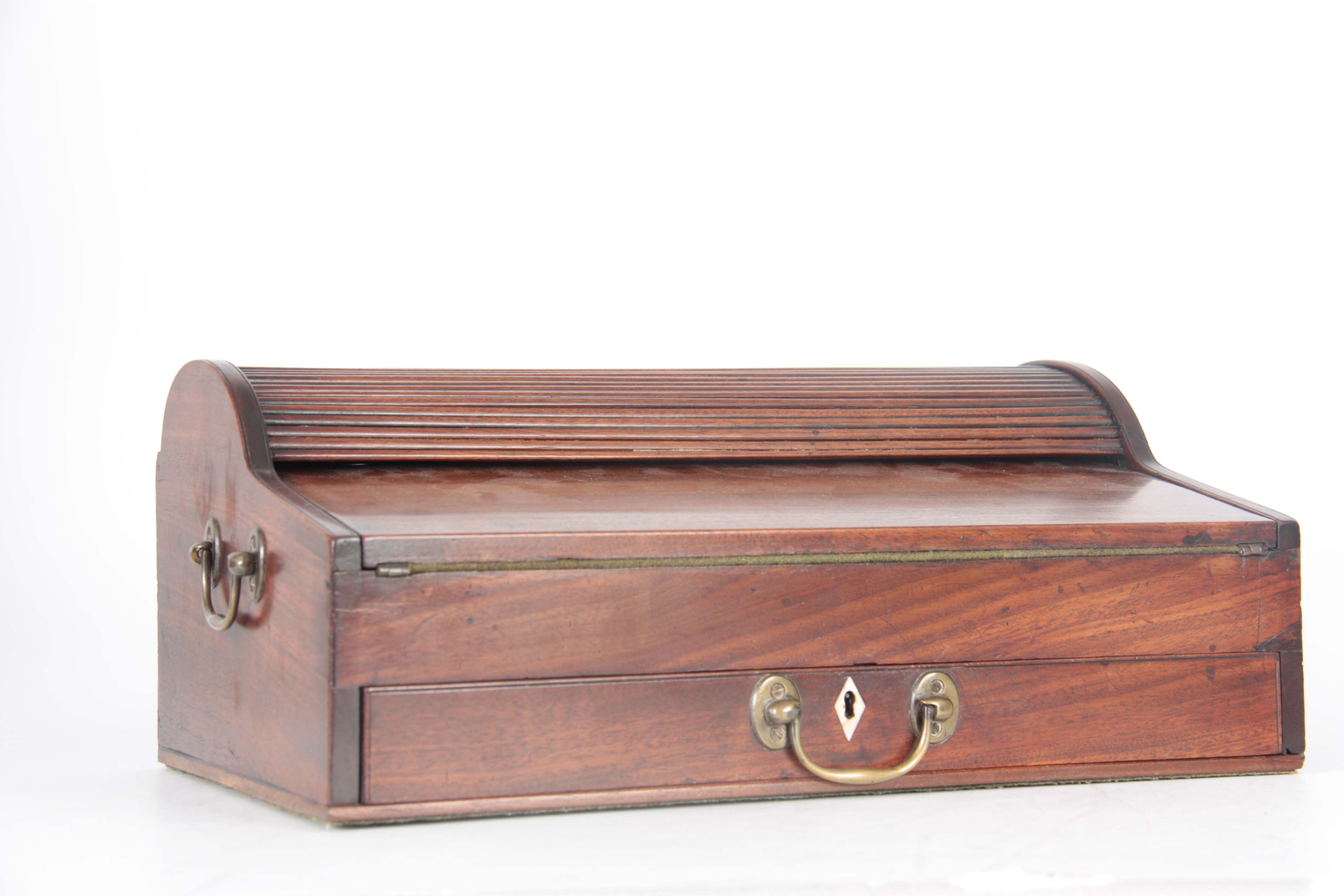 A GEORGE III MAHOGANY TAMBOUR PULL OUT WRITING BOX with pull forward drawer revealing the tambour - Image 3 of 12