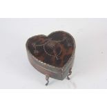 AN EDWARD VII HEART-SHAPED SILVER AND TORTOISESHELL PIQUE WORK DRESSING TABLE BOX with lined