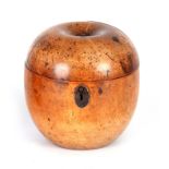 A GEORGE III FRUIT TEA CADDY IN THE FORM OF AN APPLE with iron hinge, lock and escutcheon
