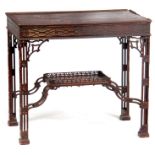 A 19TH CENTURY GEROGE III STYLE CHINESE CHIPPENDALE SILVER TABLE with a blind fretwork frieze raised