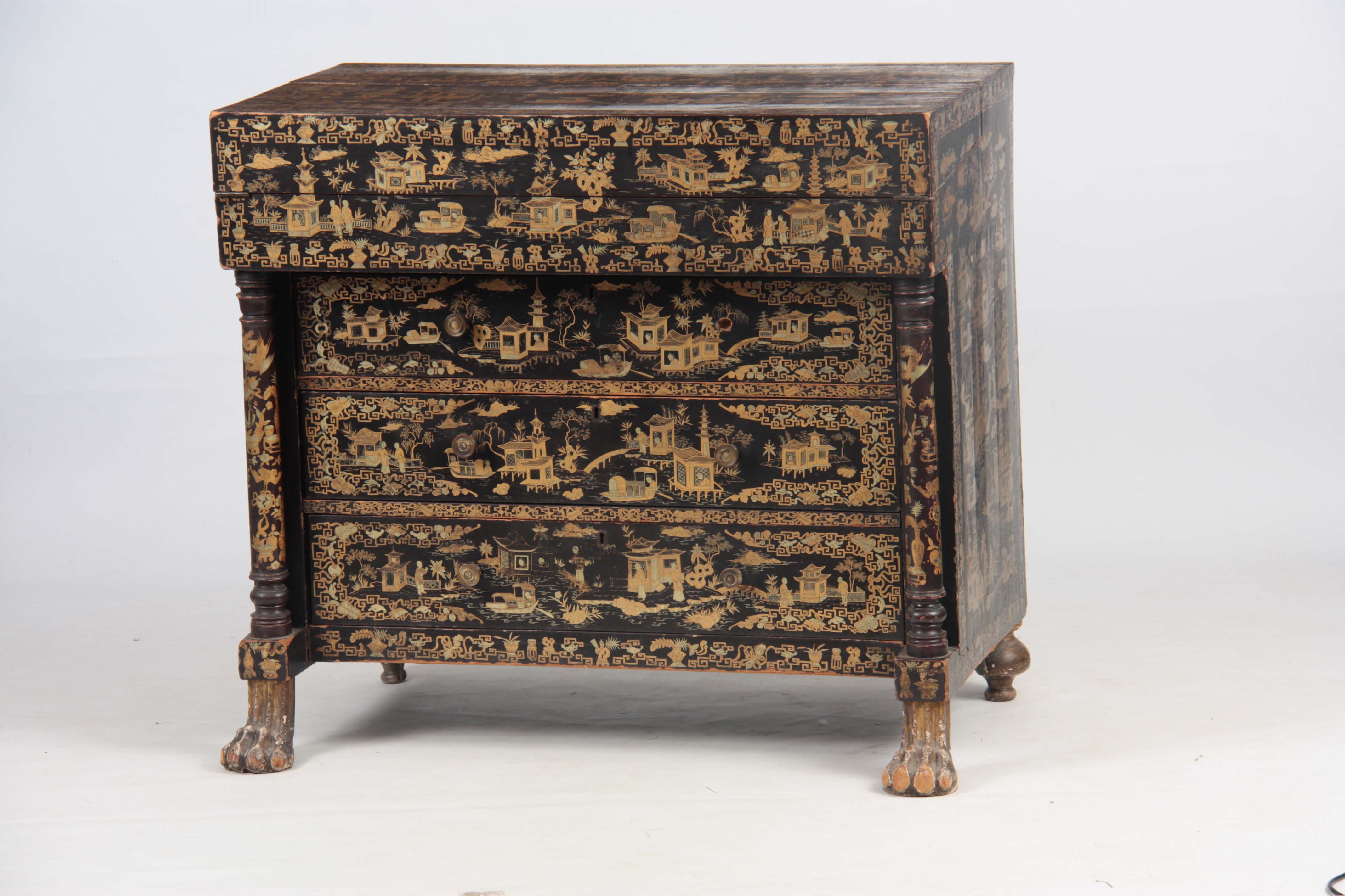 AN UNUSUAL 19TH CENTURY ANGLO CHINESE LACQUERED SECRETAIRE CHEST decorated with pagodas and - Image 2 of 13