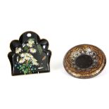 TWO PIECES OF 19TH CENTURY MOTHER OF PEARL INLAID PAPIER MACHE including a circular tray and a crumb