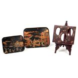 TWO LATE 19THCENTURY BLACK LACQUERWORK RECTANGULAR TRAYS decorated Oriental pagoda and landscape