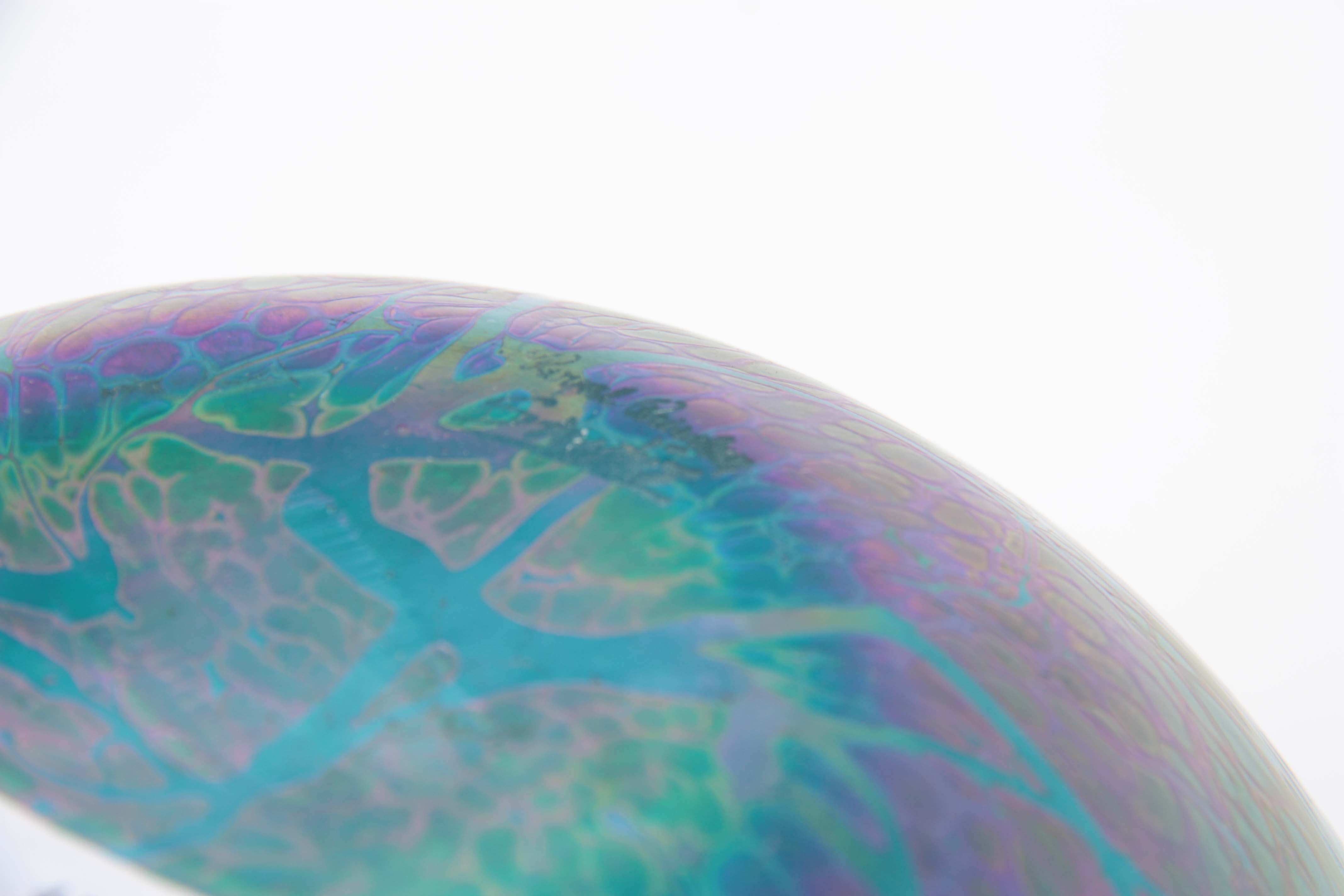 A ROYAL BRIERLEY IRIDESCENT GLASS VASE etched signature to the underside 15cm high 17cm diameter. - Image 6 of 6