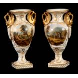 A PAIR OF DERBY SQUARE BASED SLENDER OVOID CABINET VASES with gilt leaf moulded swan neck handles