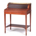 A FINE EDWARDIAN BOXWOOD STRUNG AND MARQUETRY INLAID FIDDLE BACK MAHOGANY LADIES WRITING DESK in the