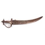 A LATE 19TH CENTURY MINIATURE INDIAN SWORD with silver inlaid decoration to the handle and the