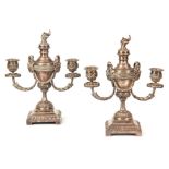 A PAIR OF 19TH CENTURY SILVERED BRONZE CASOLETTES OF ADAM DESIGN with square bases and leaf cast urn