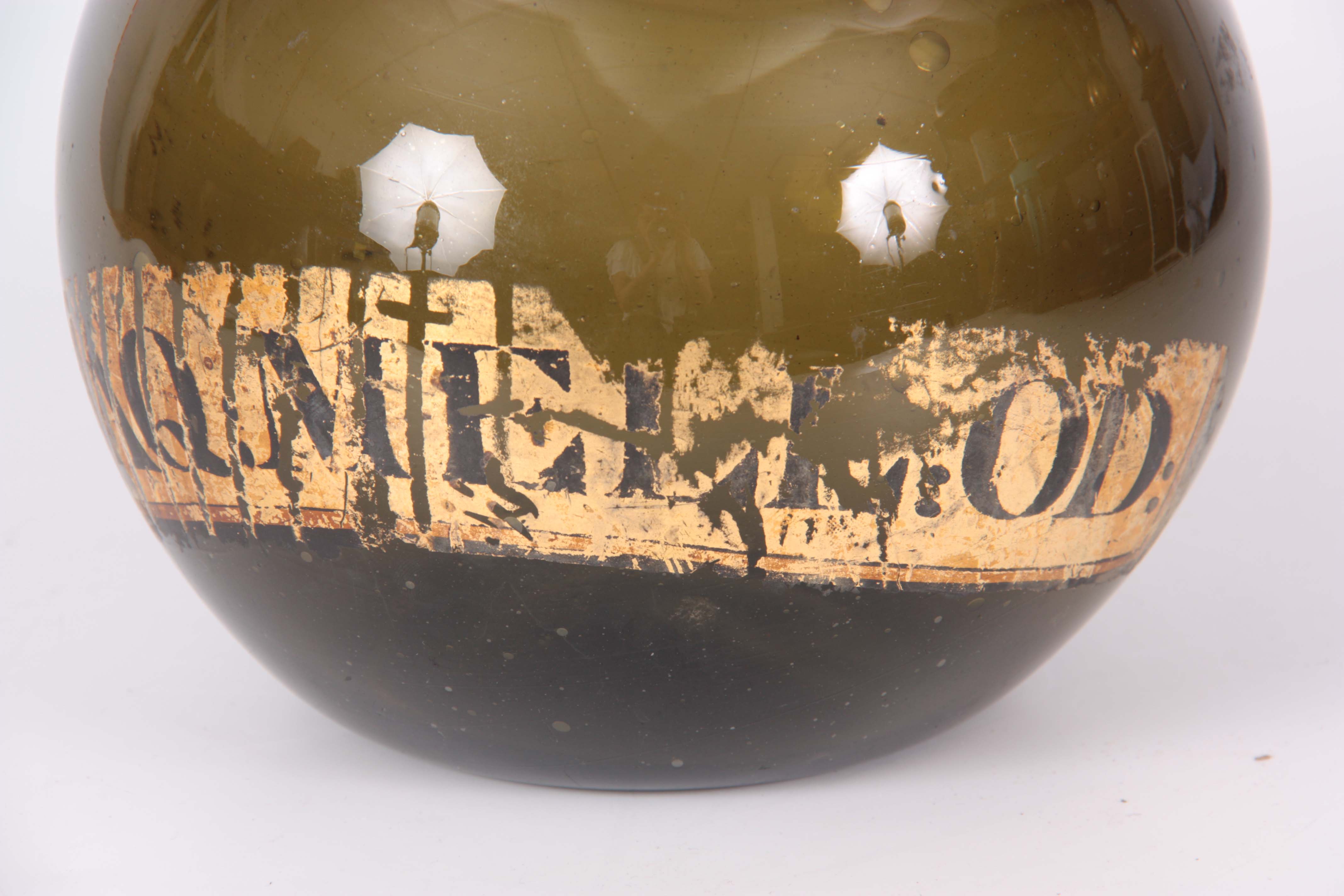 A LATE 18th CENTURY GREEN GLASS BOTTLE of bulbous form with a narrow neck, inscribed on the front - Image 3 of 4