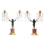A STYLISH PAIR OF 19TH CENTURY REGENCY STYLE BRONZE AND GILT ORMOLU CANDELABRA WITH ROUGE MARBLE