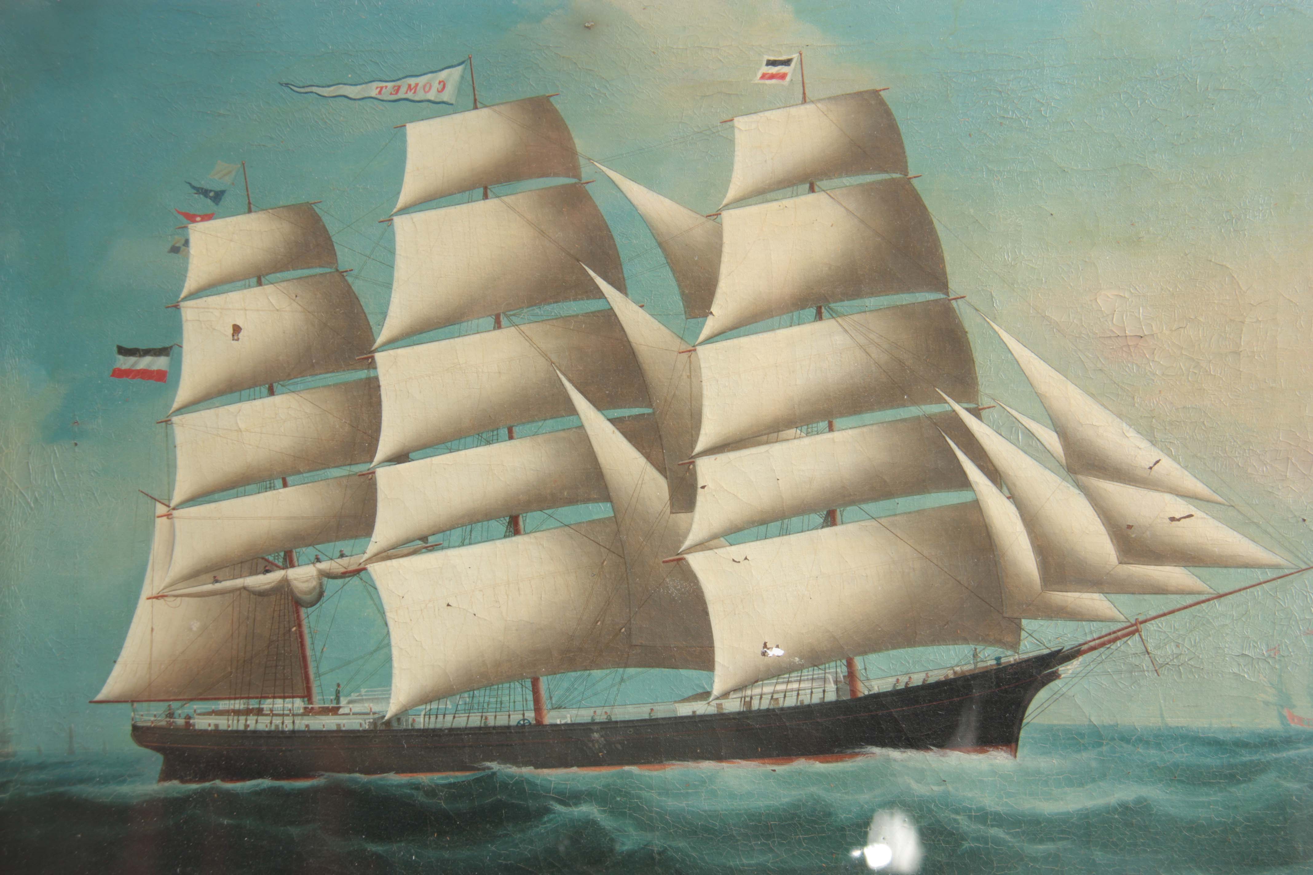 A MID 19TH CENTURY CHINESE TRADE SHIP PORTRAIT of the Comet sailing into Hong Kong 44cm high, 58cm - Image 5 of 6