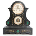 A 19TH CENTURY BLACK SLATE AND MALACHITE PANELLED FRENCH MANTEL CLOCK the 4" enamel dial with