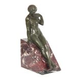 MAURICE GUIRAUD-RIVIERE A LARGE ART DECO GREEN PATINATED BRONZE SCULPTURE modelled as a seated young