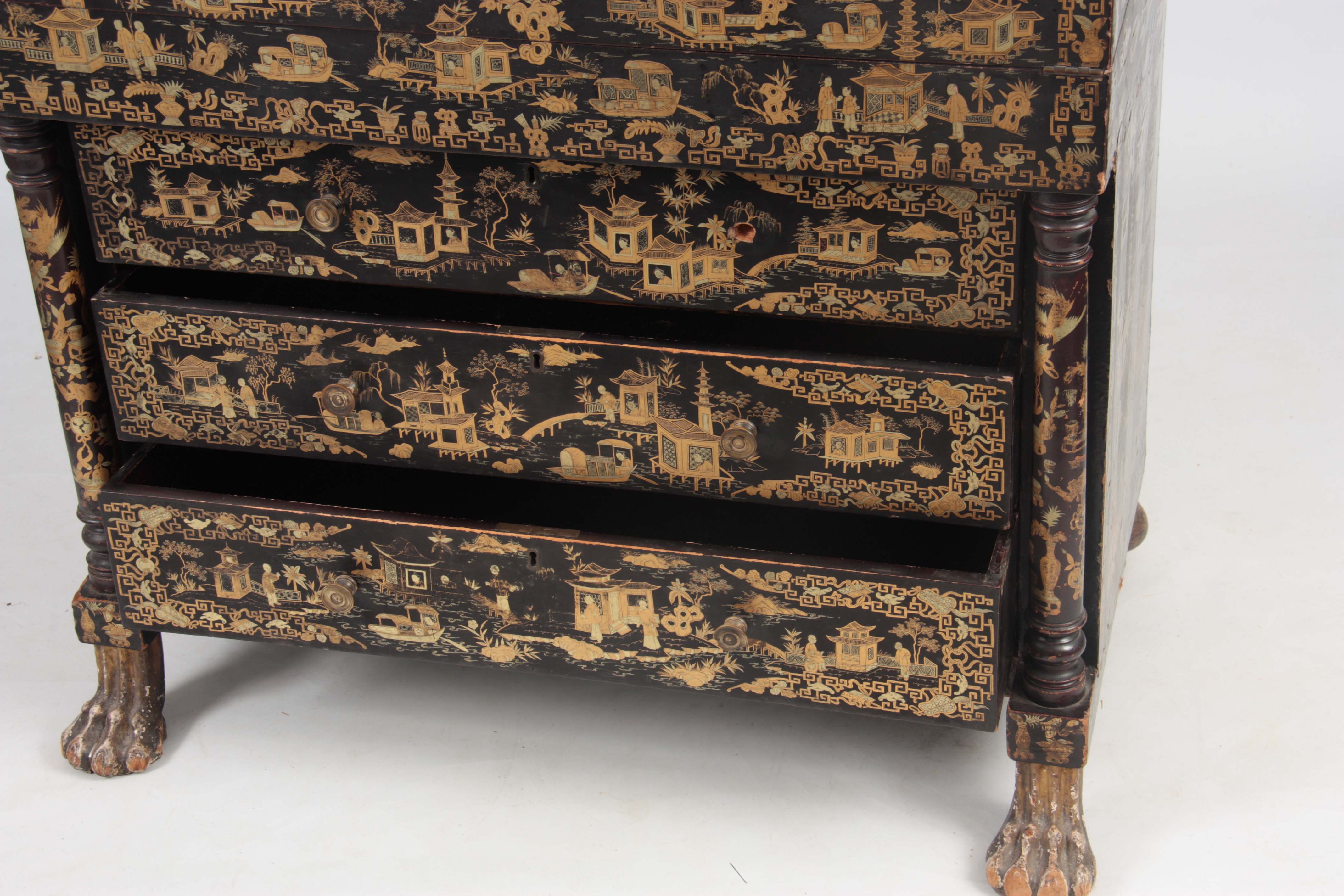 AN UNUSUAL 19TH CENTURY ANGLO CHINESE LACQUERED SECRETAIRE CHEST decorated with pagodas and - Image 3 of 13