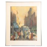 A 20TH CENTURY PASTEL DRAWING depicting a city landscape with figures in the foreground -