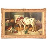 BECKER 19TH CENTURY OIL ON RELINED CANVAS in the manner of Edgar Hunt - Farmyard scene with