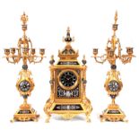 AN IMPRESSIVE LATE 19TH CENTURY FRENCH ORMOLU EIGHT-DAY CLOCK GARNITURE WITH LIMOGES ENAMEL PANELS