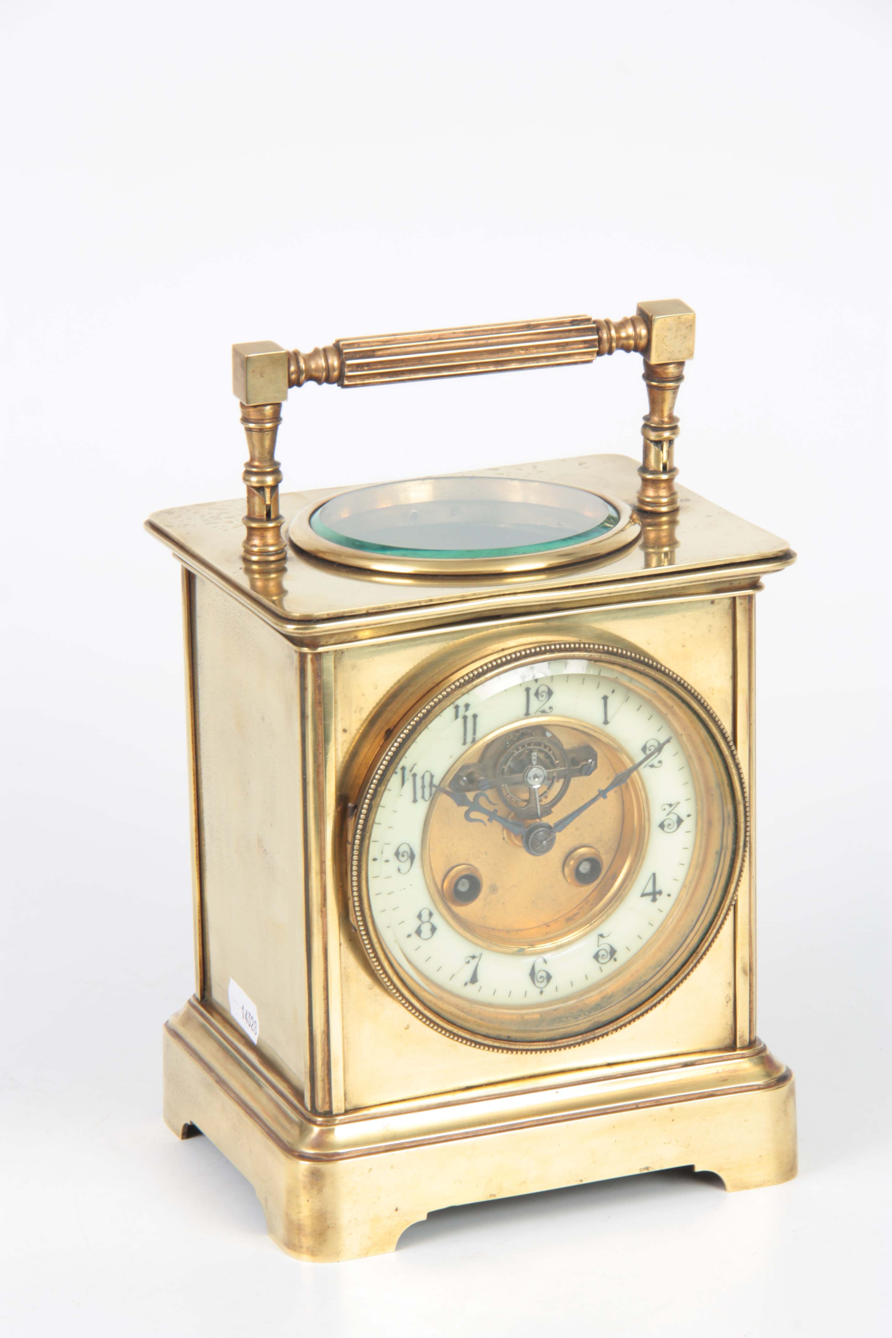 A LARGE LATE 19TH CENTURY FRENCH CARRIAGE STYLE MANTEL CLOCK the brass case surmounted by a reeded - Image 4 of 6