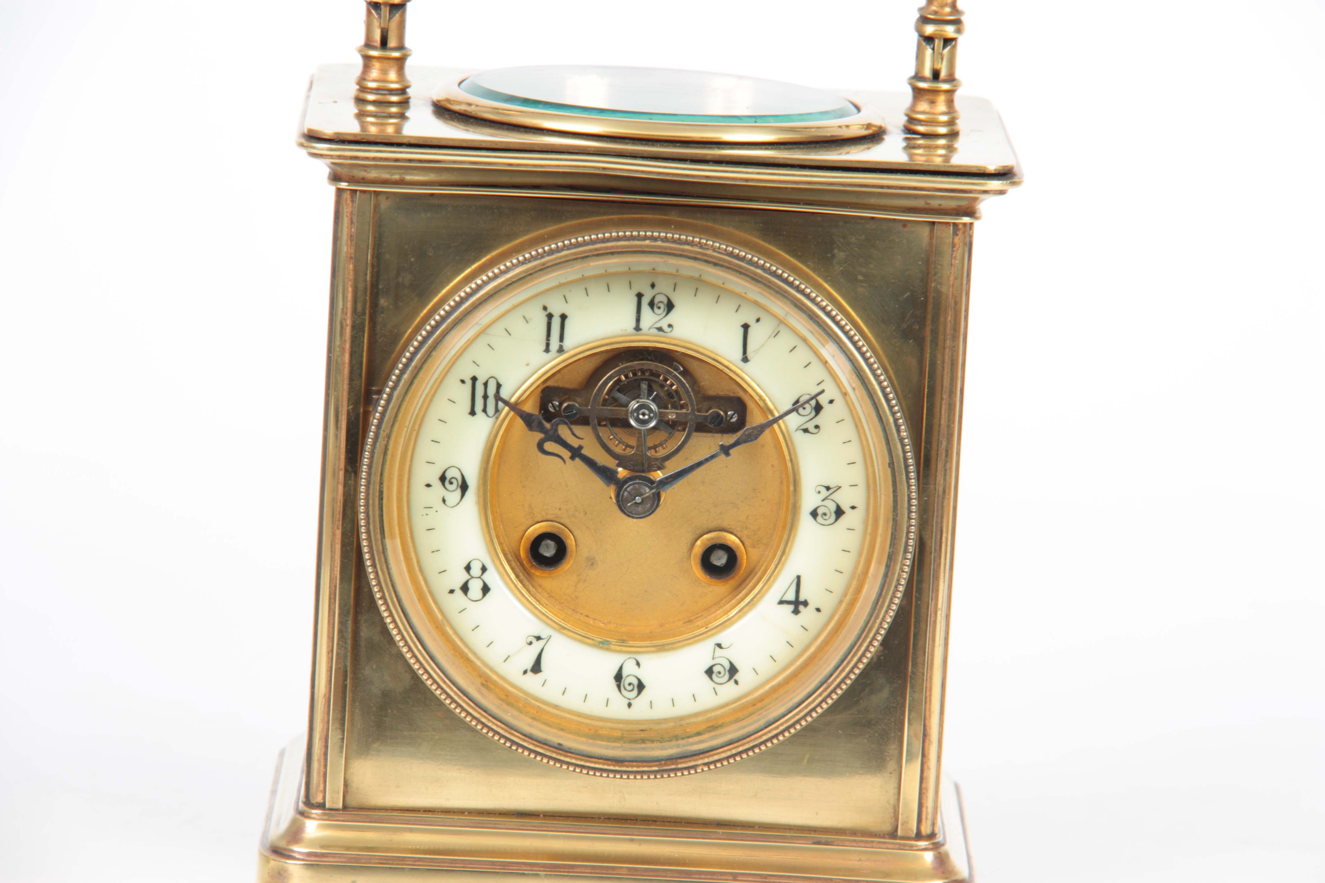 A LARGE LATE 19TH CENTURY FRENCH CARRIAGE STYLE MANTEL CLOCK the brass case surmounted by a reeded - Image 3 of 6